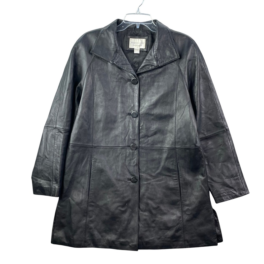 Worthington Leather Coat Womens Medium Black Lambskin Car Jacket Parka Academia